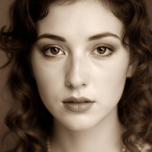 Black-and-white close-up photograph of a young woman with curly hair, expressive eyes, and neutral expression, softly lit from the front.