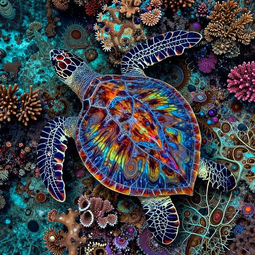 Vibrant digital artwork of a turtle with a multicolored, swirling shell amidst a colorful, intricate coral reef background filled with geometric patterns.