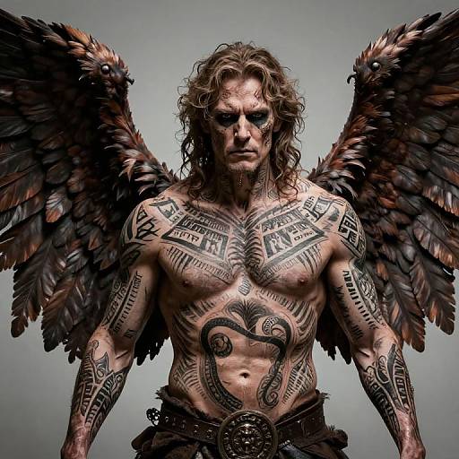Photograph of a muscular, tattooed man with long, wavy brown hair, black feathered wings, and intense expression, wearing a black belt