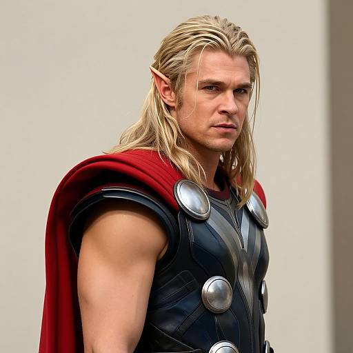 Photograph of a muscular, blonde, long-haired man with pointed elf ears, wearing a red cape and black, silver-buttoned armor. Intense