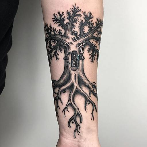 Black ink tattoo on forearm: intricate tree with sprawling roots, small house, and bridge, detailed and shaded, modern realistic style.