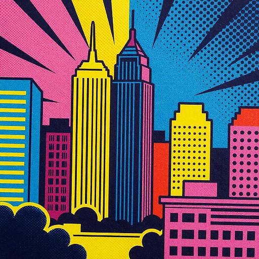Pop art-style digital illustration of a vibrant cityscape with bold, colorful skyscrapers in yellow, blue, red, and pink, against a dotted