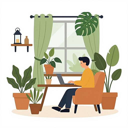 Digital illustration of a man in an orange chair, working on a laptop at a wooden table, surrounded by potted plants and green curtains in a bright