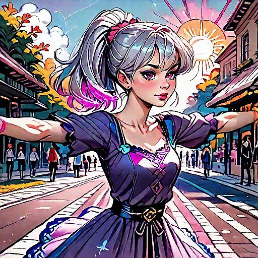 Digital anime-style drawing of a smiling young woman with silver hair in a ponytail, wearing a black dress with star patterns, arms outstretched,