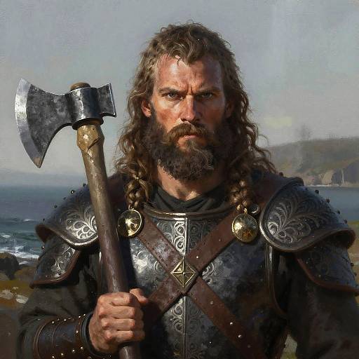 Digital painting of a muscular, bearded Viking warrior with long hair, holding a large axe, wearing ornate black armor, standing by a seaside cliff