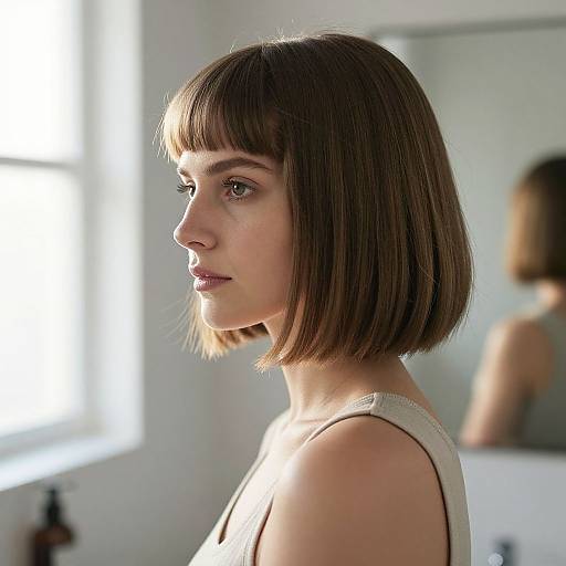 Photograph of a young woman with a short, straight brown bob, wearing a white tank top, gazing to the side in a sunlit bathroom