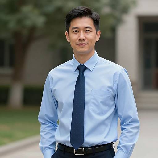 Photograph of an Asian man with short black hair, wearing a light blue dress shirt, black tie, and black pants, standing outdoors in front of