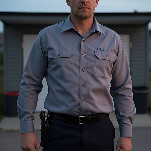 Photograph of a serious, light-skinned man in a blue button-up shirt, black pants, and gun holster, standing outdoors at dusk.