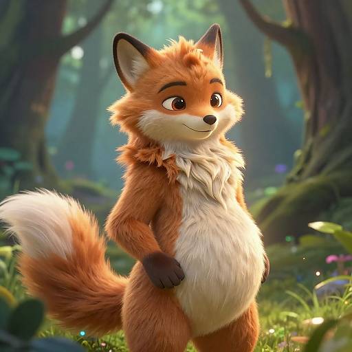 CGI image of an anthropomorphic, cute, orange and white fox with a fluffy tail, standing in a sunlit, enchanted forest.