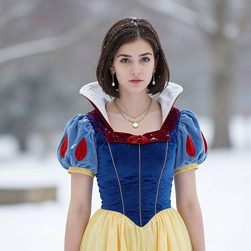 Photograph of a young woman with fair skin and dark brown bob haircut, wearing a blue and yellow Snow White costume, standing in a snowy, blurred