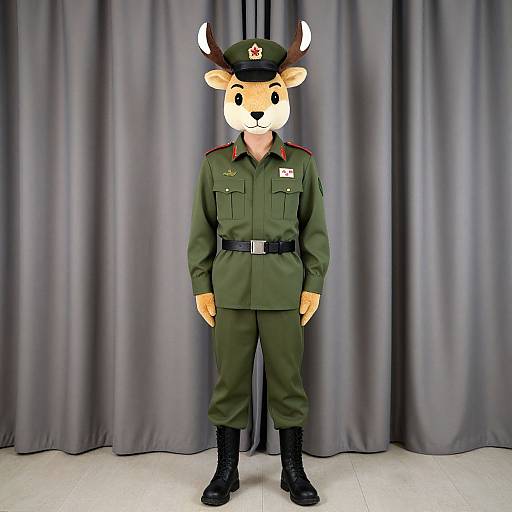 Photograph of a cartoon deer wearing a green military uniform with red accents, black boots, and a cap, standing against gray curtains.
