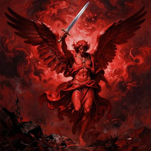 Digital artwork: Red demonic angel with black wings, muscular build, holding a glowing sword, surrounded by fiery red clouds, standing on rocky terrain.
