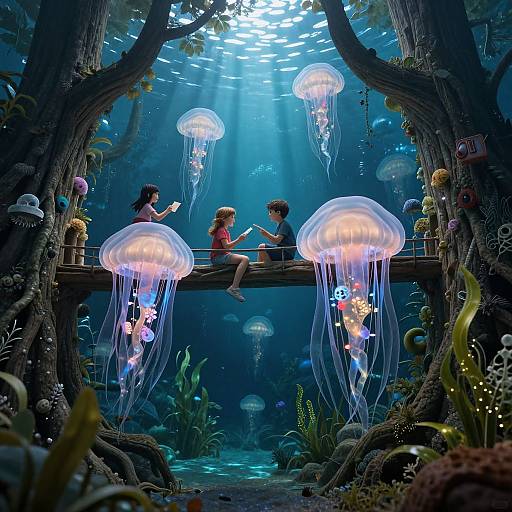 Children Riding Giant Jellyfish Underwater