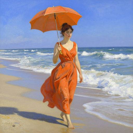 Photograph of a fair-skinned woman with dark hair in an orange dress holding an orange umbrella, walking on a sunny beach with blue ocean waves in