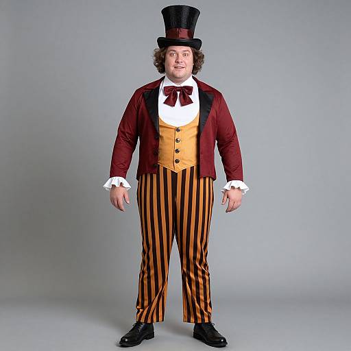Photograph of a man in 19th-century magician attire: black top hat, red jacket, yellow waistcoat, striped orange and black pants,