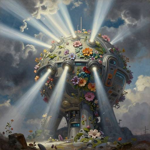 Digital art: Futuristic flower-covered spaceship emitting bright beams of light against a cloudy sky, surrounded by blooming flowers and rocks.