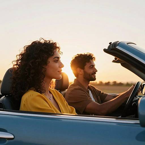 Couple Driving Convertible at Sunset