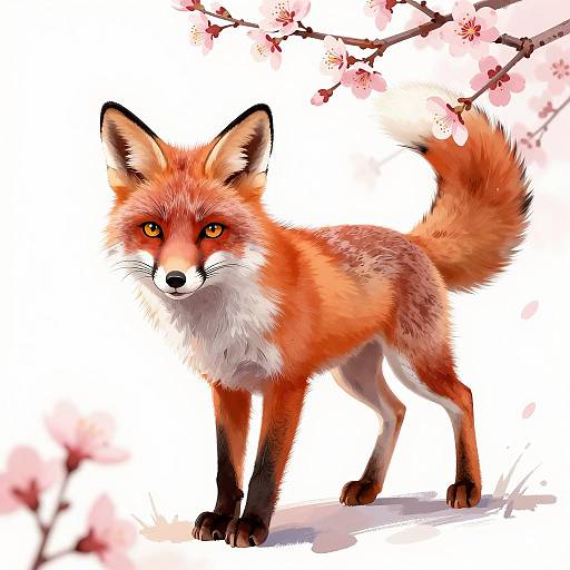 Vibrant Red Fox Amid Cherry Blossoms