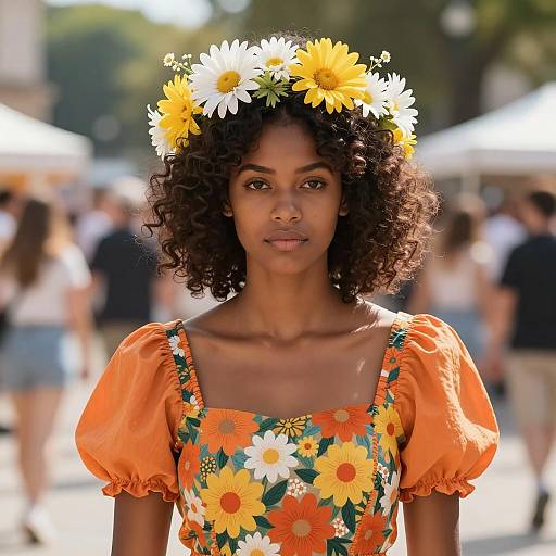 Young Woman with Flower Crown in Summery Dress