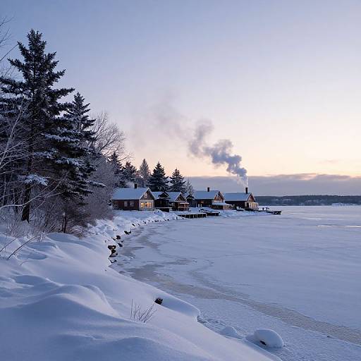 Winter Cabins on Frozen Bay Shore