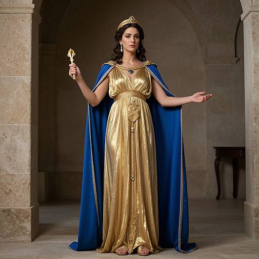 Photograph of a woman in a golden Grecian-style gown with blue cape, crown, holding a scepter, standing in a stone archway