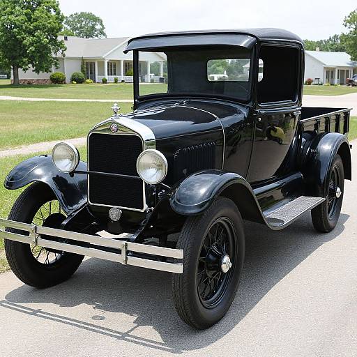 Photograph of a shiny black vintage 1920s car with chrome accents, large round headlights, and black wire-spoked wheels, parked on a