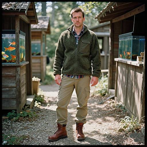 Photograph of a bearded man in a green fleece jacket, plaid shirt, beige pants, and brown boots, standing between wooden fish houses with