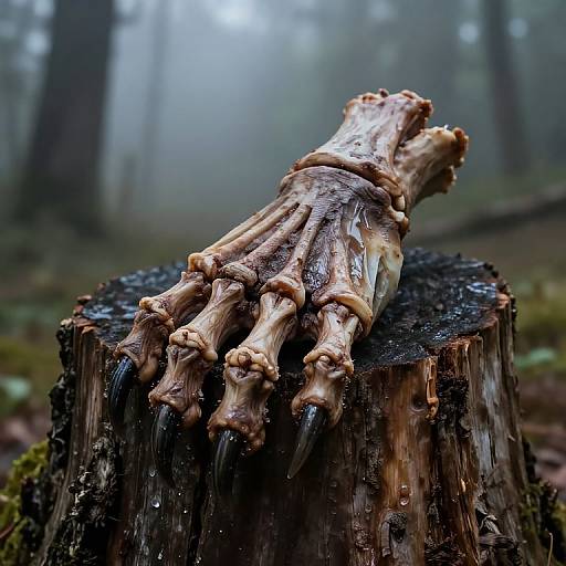 Photograph of a gnarled, fossilized human hand emerging from a moss-covered tree stump in a foggy forest, with water droplets.