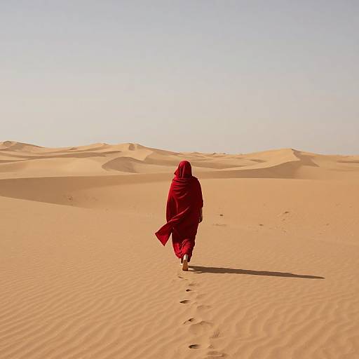 Photograph of a person in a red hooded cloak walking alone in a vast, sunlit desert with rippled sand dunes under a clear,