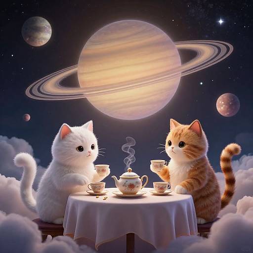 Digital artwork of two adorable kittens, one white and one orange tabby, having tea under a glowing planet with rings against a starry night sky.