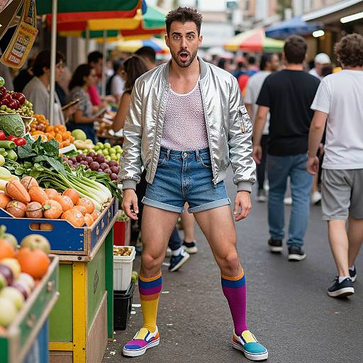 Photograph of a surprised, muscular man with dark hair, wearing a silver jacket, white mesh shirt, denim shorts, rainbow socks, and colorful sneakers