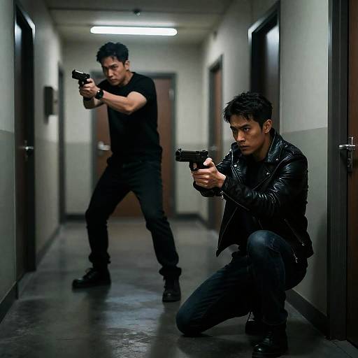 Tense Standoff in Dimly Lit Hallway