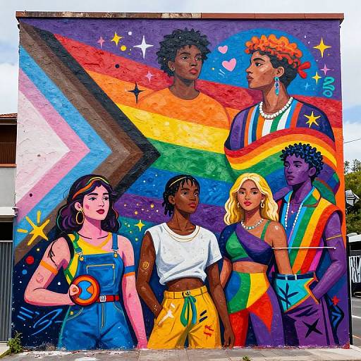 Vibrant mural of diverse, stylish individuals: black woman in overalls, dark-skinned man in white tee, blonde woman in green top,