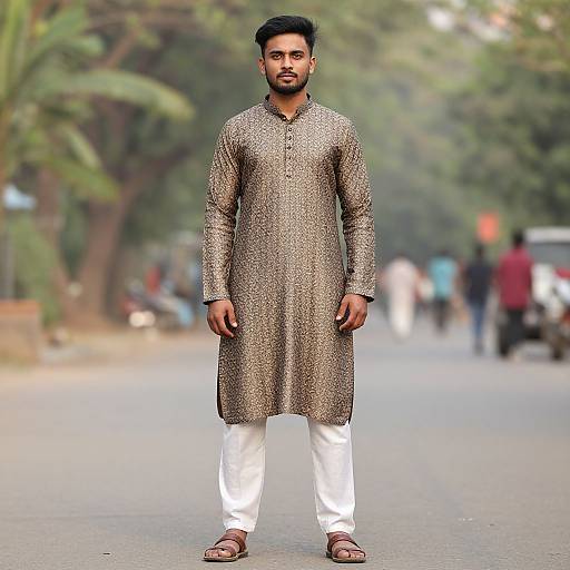 Photograph of a man with short black hair and beard, wearing a metallic brown traditional long kurta and white pants, standing on a tree-lined street