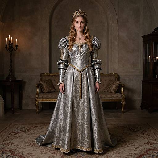 Photograph of a regal woman in a silver, ornate medieval gown with puffed sleeves, gold trim, and crown, standing in a dim