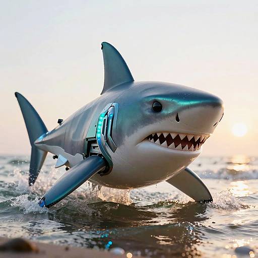 Robotic Shark in Shallow Water at Sunrise