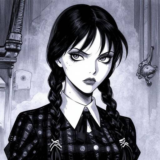 Digital manga-style portrait of a serious, pale-skinned woman with dark braided hair, wearing a black uniform with white collar and cross pins, against