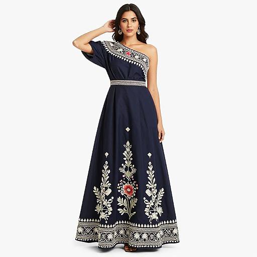 Photograph of a woman in a dark blue, ankle-length, one-shoulder saree with white floral embroidery and red accents, standing against a