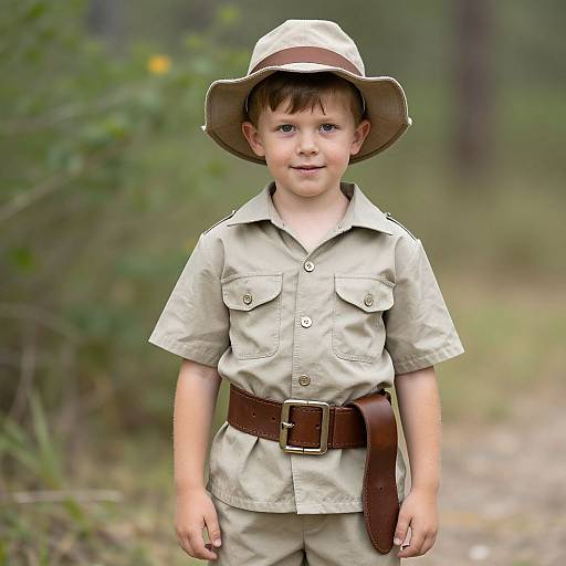 Photograph of a young boy in a beige scout uniform with a brown belt and hat, standing in a blurred forest background.
