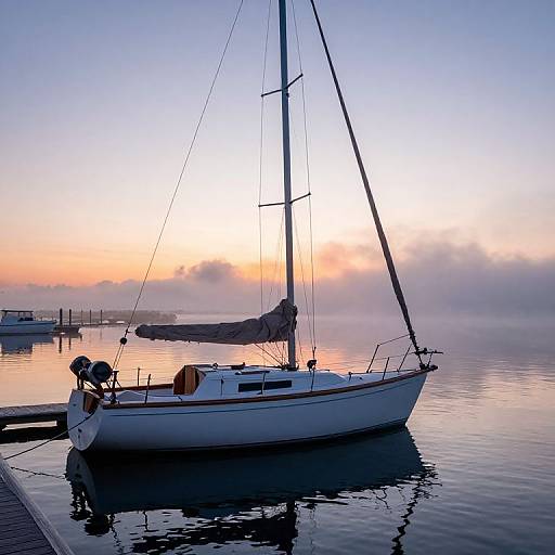 Photograph of a white sailboat with reflection on calm water at sunset, misty sky, orange and blue gradient, dock in background.
