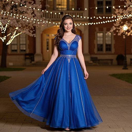 Elegant Blue Prom Dress in Vintage Courtyard