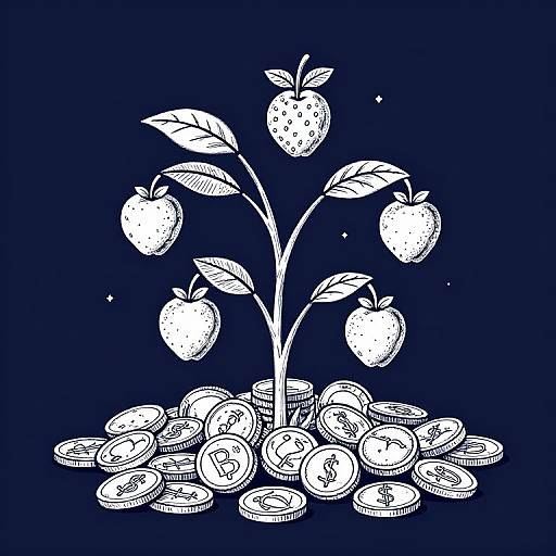 White line drawing of a strawberry plant with six strawberries, surrounded by scattered coins, on a dark blue background.