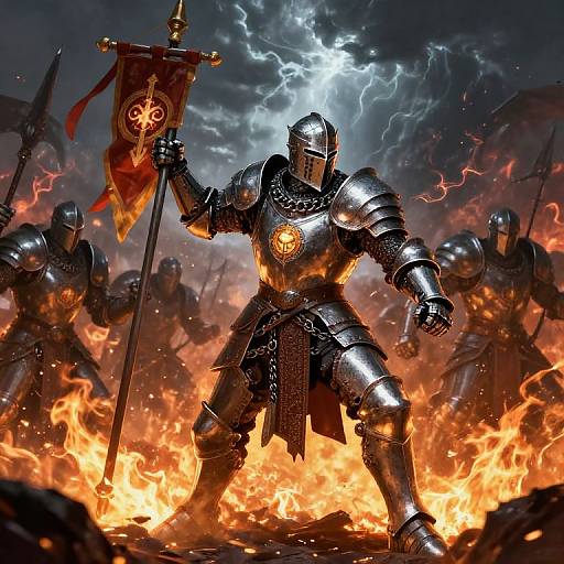 Digital illustration of armored warriors in fiery battle, led by a central knight holding a flag with a fiery emblem, surrounded by lightning and flames. Dynamic,