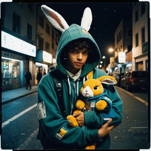 Teen with Bunny Ears Hoodie Holding Plush Rabbit