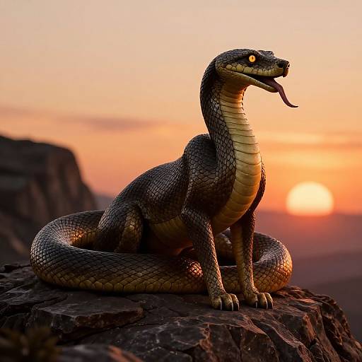 CGI image of a large, black and yellow snake with glowing yellow eyes sitting on a rocky cliff at sunset.