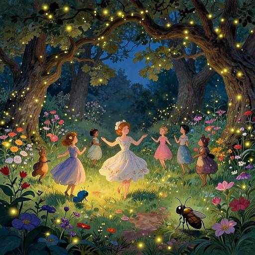 Whimsical fairy tale scene: six girls in floral dresses, holding hands under glowing fireflies, surrounded by colorful flowers and trees, with a butterfly