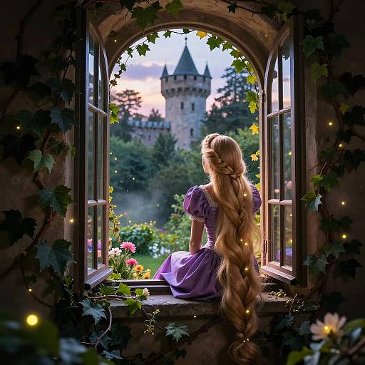 Digitally illustrated scene of a blonde woman with a long braid, wearing a lavender dress, sitting in a vine-covered window, gazing at a