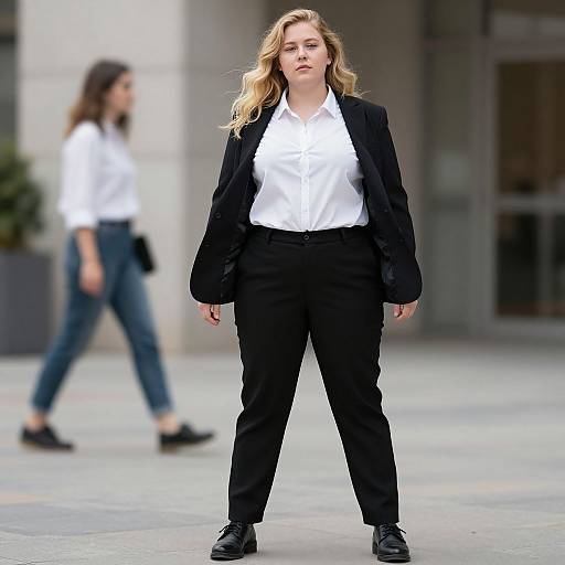 Photograph of a confident, blonde woman in a white blouse, black blazer, and black pants standing in a city street, with a blurred woman