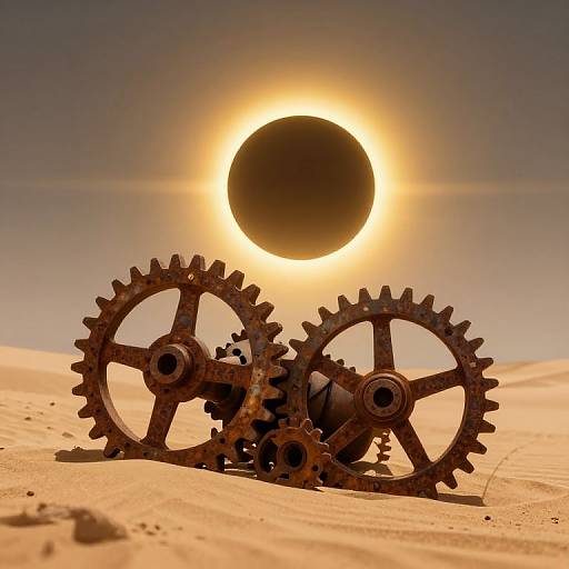 Photograph of rusty, interlocking gears in a desert, with a black eclipse sun behind them, casting a golden halo.