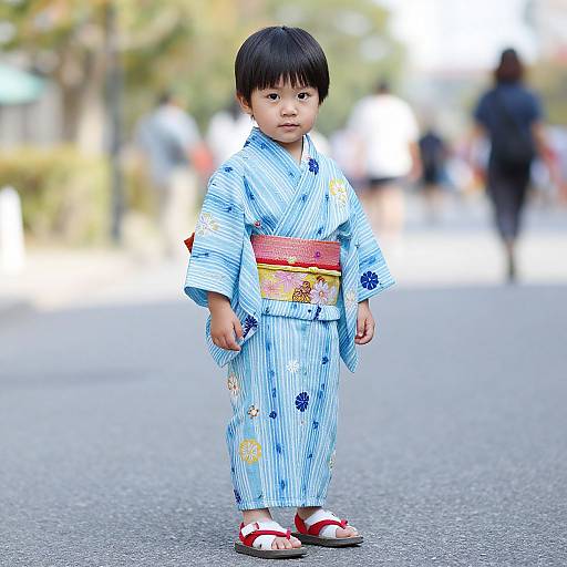 Photograph of a young Asian boy in a blue striped yukata with floral patterns, yellow-red obi, and red sandals, standing on a